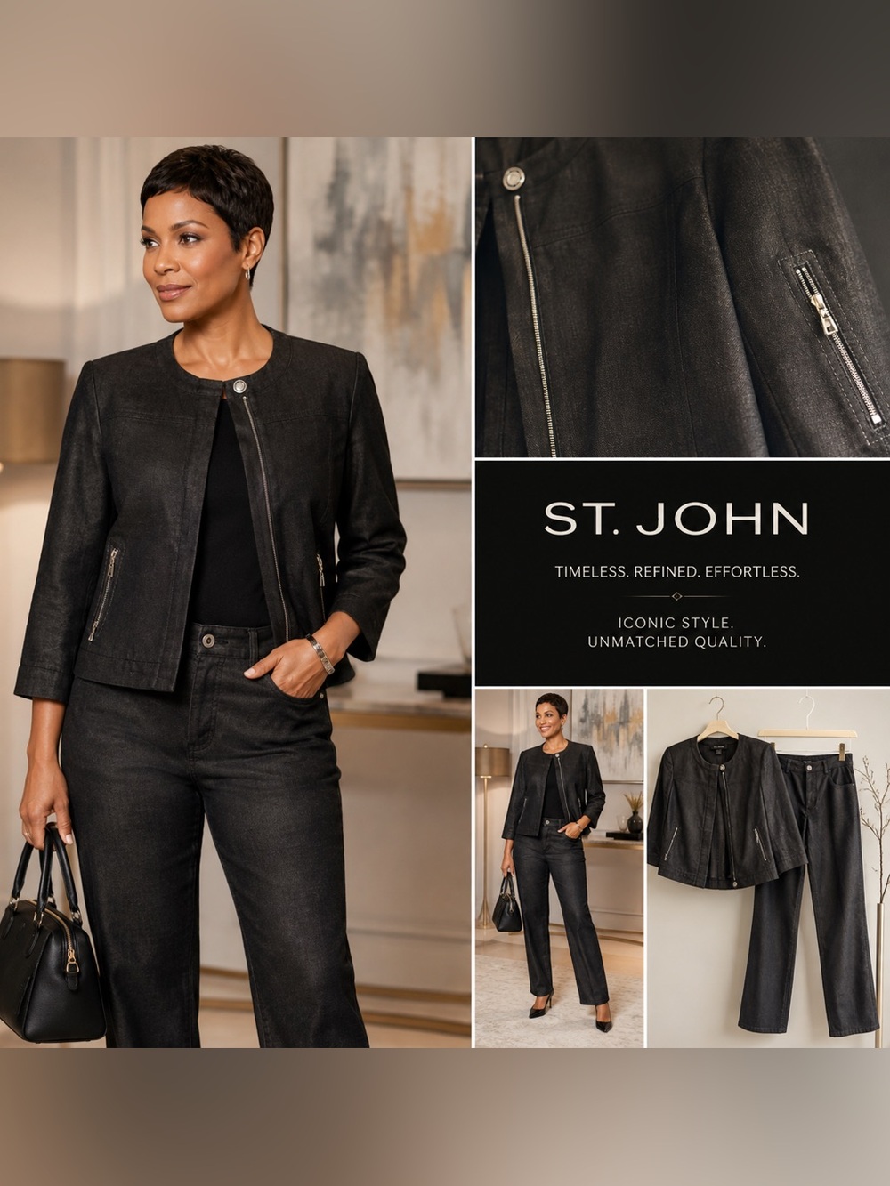 St. John Black Leather Zip-Front Pantsuit